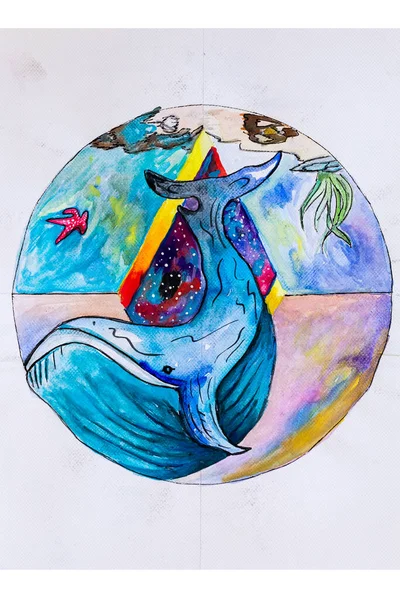 蓝鲸与其他元素的水彩画 — 图库照片
