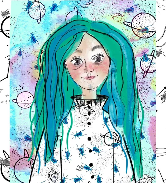 Kreslení Modré Zelené Vlasy Dívka Galaxií Pozadí Chyby — Stock fotografie