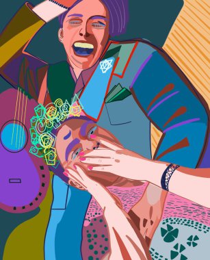 Frida Kahlo Meksika portresi ve soyut bir kübizm daha. Renkli bir arka plan.