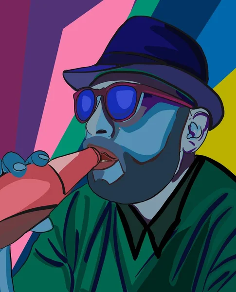 Illustration Homme Buvant Une Bouteille Bière Avec Chapeau Des Lunettes — Photo