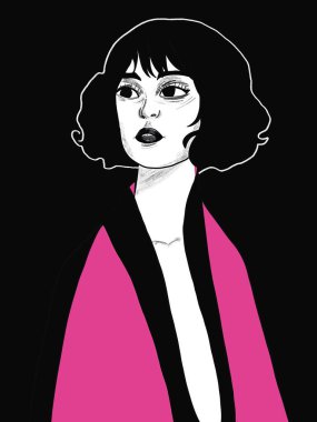 Gevşemiş bir kadının yüzünün dijital çizimi, hikayeler için, pop sanatı tarzı.