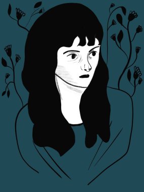 Gevşemiş bir kadının yüzünün dijital çizimi, hikayeler için, pop sanatı tarzı.