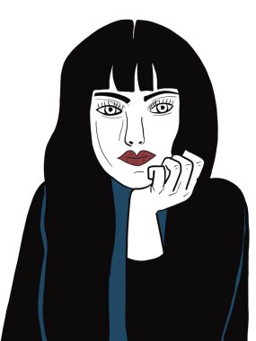 Gevşemiş bir kadının yüzünün dijital çizimi, hikayeler için, pop sanatı tarzı.