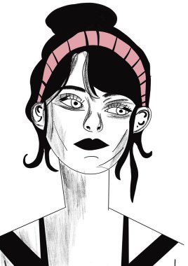 Gevşemiş bir kadının yüzünün dijital çizimi, hikayeler için, pop sanatı tarzı.