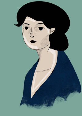 Gevşemiş bir kadının yüzünün dijital çizimi, hikayeler için, pop sanatı tarzı.