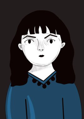 Gevşemiş bir kadının yüzünün dijital çizimi, hikayeler için, pop sanatı tarzı.