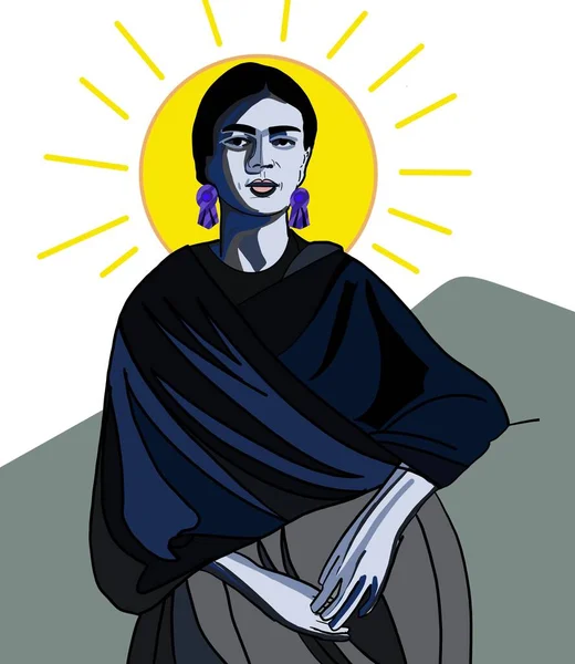 Illustration Mexican woman with sun and mountains