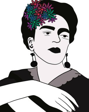 Parmak izi, kart veya pop sanat tasarımı için Meksikalı bir kadının resmi, Frida Kahlo tarzı.