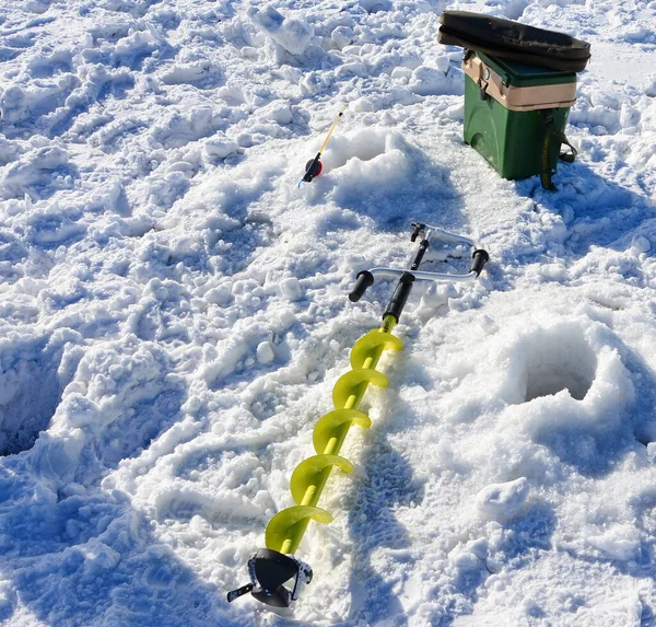 Ice screw, ice fishing rod, with seat on ice