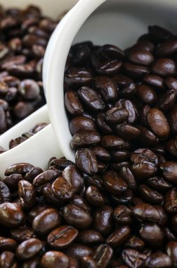 Kahve çekirdekleri kahve Kupası ' nda yakın görünümü, seçili odak.