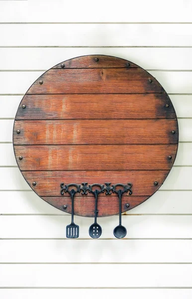 Wooden board with ron sign of Kitchen tools — Stock Photo, Image