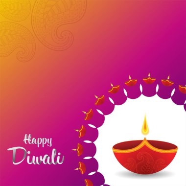 Diya ve Paisley Tasarımı Mor Arkaplan Üzerine Diwali Festivali Bayrağı