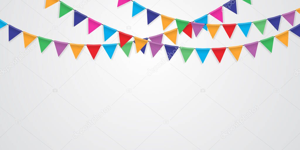 Colorful Triangle Hanging Flags Garlands on White Background.