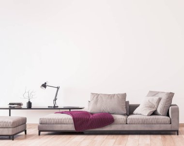 Modern oturma odası tasarımı, boş duvar maketi, 3 boyutlu tasarım