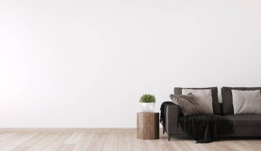 Minimum oturma odası tasarımlı koyu renkli kanepe, boş duvar modeli, modern tarz, 3D tasarım.