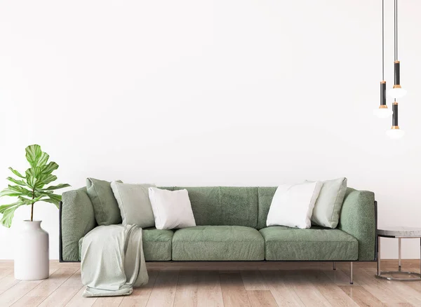Nowoczesny Salon Makieta Zielona Sofa Białym Tle Ściany Renderowania — Zdjęcie stockowe