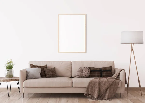 Gestell Attrappe Modernen Wohnzimmer Modernes Beiges Sofa Auf Weißem Hintergrund — Stockfoto