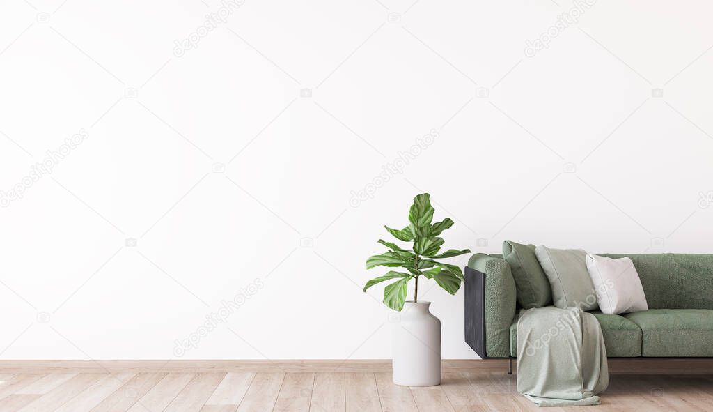 Contemporary living room mockup, green sofa on white wall background, 3d render