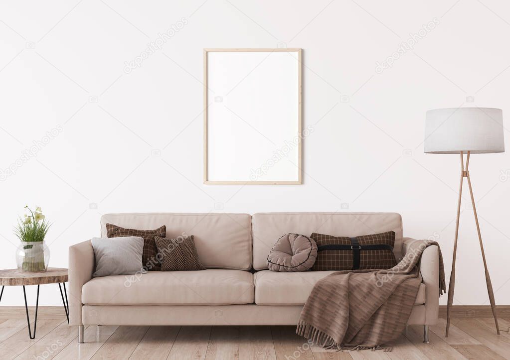 Frame mockup in modern living room, modern beige sofa on white background, 3d render