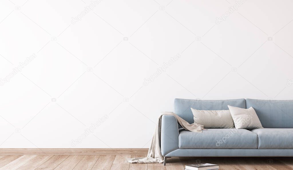 Blue sofa in modern living room design, wall mockup, panorama