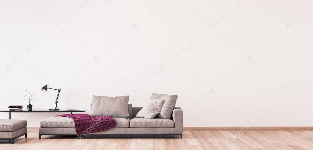 Modern living room design, empty wall mockup, 3d render