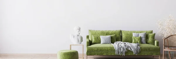Luxury green living room design, empty wall mockup, panorama, 3d render