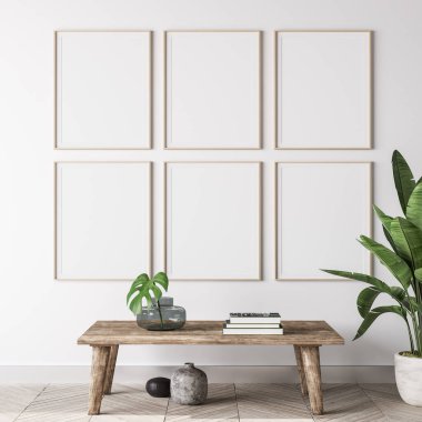 Modern iç planda poster çerçevesi, gri oturma odasındaki galeri duvarı, İskandinav Boho tarzı