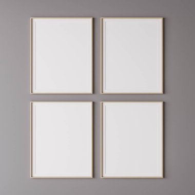 Gri duvarda dört tane tahta çerçeve modeli var. 3d hazırlayıcı.