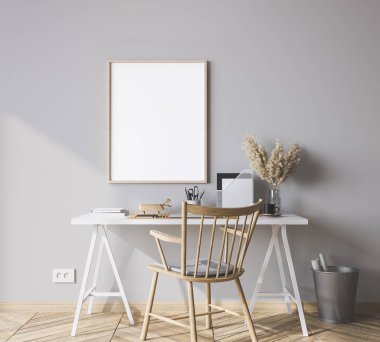 Parlak çiftlik evinin iç planında çerçeve modelleme, gri duvarda beyaz ahşap ofis, 3D resim