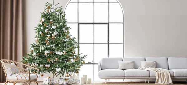 Living Room Christmas interior in Scandinavian style. Christmas tree with gift boxes. white sofa on wall Mockup.