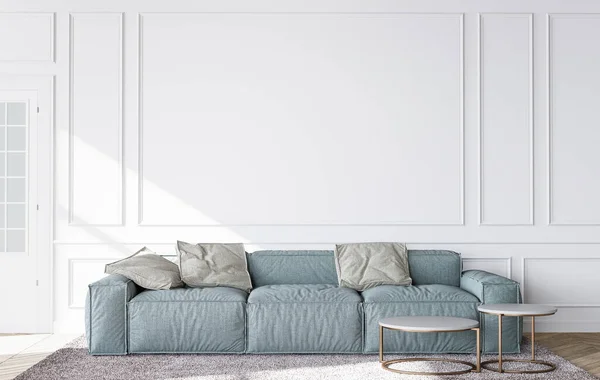 Blaues Sofa Modernen Wohnzimmer Minimalistisches Design Mit Leerer Weißer Wand — Stockfoto