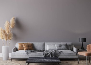 Modern oturma odası iç mekanı, gri kanepe karanlık boş duvar modeli.