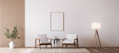 Boş çerçeveli oturma odası tasarımı, beyaz duvarda iki tahta sandalye.