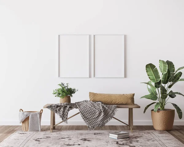 Boho iç mimarisi, ahşap oturma odası tasarımı, İskandinav tarzı, 3D canlandırma.