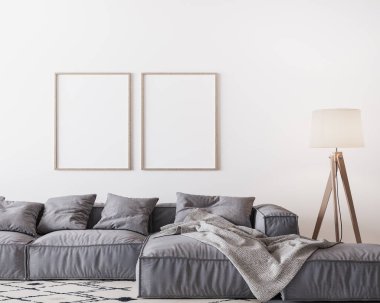 Parlak oturma odasında gri kanepe ve ahşap zemin lambası olan ev yapımı maket, beyaz duvarda iki ahşap çerçeve, 3D çizim