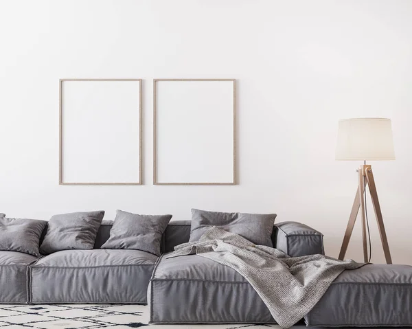 Home Interieur Attrappe Mit Grauem Sofa Und Holzstehlampe Hellen Wohnzimmer — Stockfoto