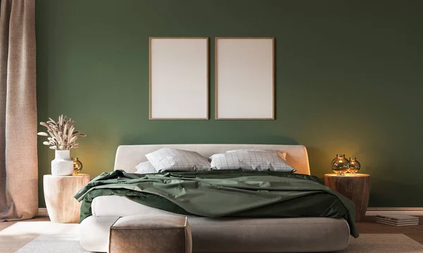 Home Interior Background Cozy Green Bedroom Bright Furniture Natural Wooden — Stock Photo, Image