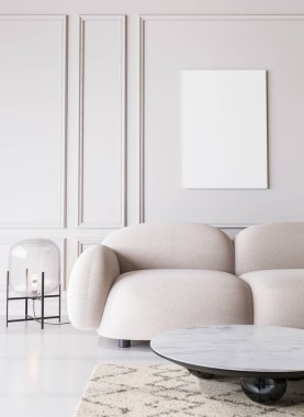 Modern tasarımda beyaz oturma odası, çerçeve modeli boş parlak arkaplan, 3D görüntüleme