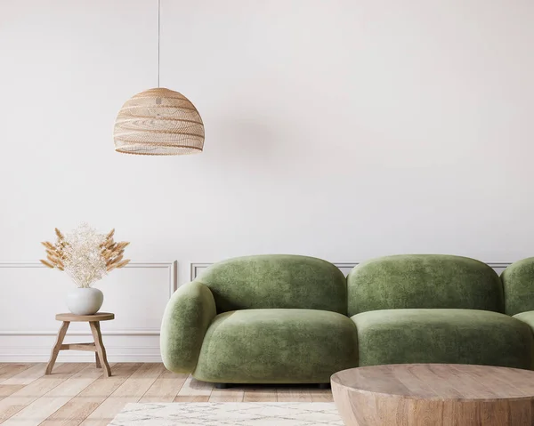 White living room in modern design, minimal clear space with green sofa and wooden furniture on empty background, 3d render