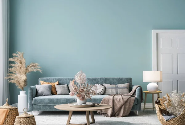 Home Interior Mock Con Divano Blu Tavolo Legno Arredamento Soggiorno — Foto Stock