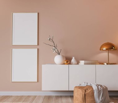 Zarif iç tasarım, turuncu arka planda çerçeve modeli olan modern oturma odası, 3D görüntüleme