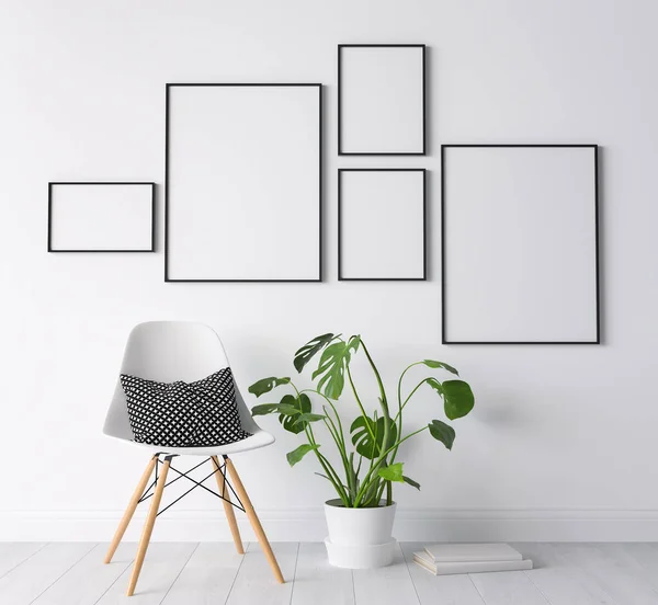 Gallery wall mockup in minimal living room design, white chair on modern background, 3d render