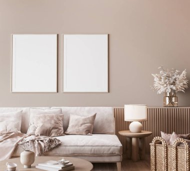 Çerçeveyi modern iç arka planda, kurumuş bitki ve dekorlu tarafsız ahşap oturma odası, 3D görüntüleme.