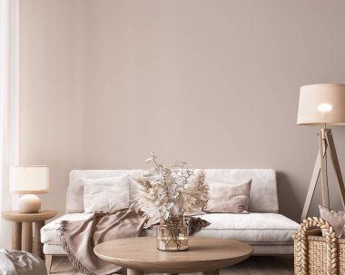 Modern iç arka plandaki duvarı, kurumuş bitki ve dekorlu nötr ahşap oturma odasını, 3D döşeme.