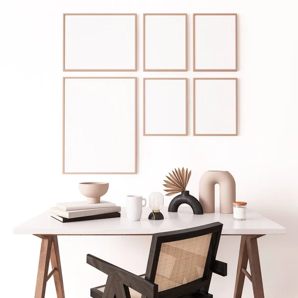 ポスターフレームは 自宅のオフィスのインテリア モダンな家具や木製のホワイトデスクでモックアップ トレンディーなホームアクセサリーと籐の黒い椅子 3Dレンダリング — ストック写真