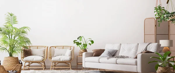 farmhouse interior living room, empty wall mockup in white room with wooden furniture and lots of green plants, 3d render