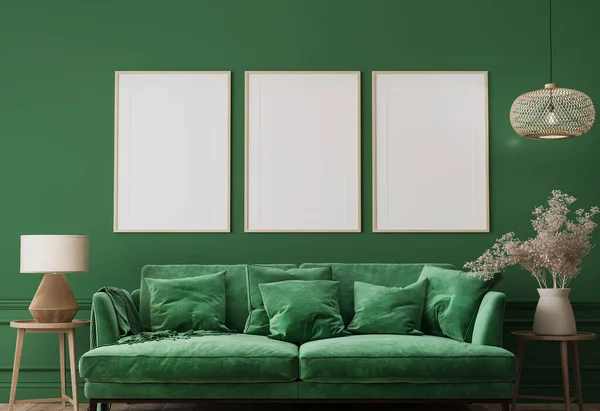 Interior Casa Com Maquete Quadro Cartaz Sofá Confortável Verde Parede — Fotografia de Stock