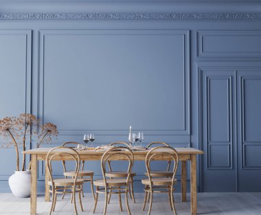 Boş duvar modeli Mavi klasik yemek odasında, rahat ve minimal iç tasarım, 3D
