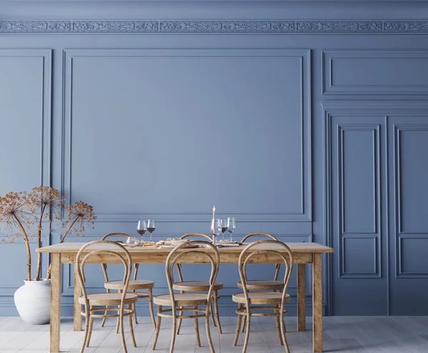 Empty wall mockup In blue classic dining room, cozy and minimal interior design, 3d render