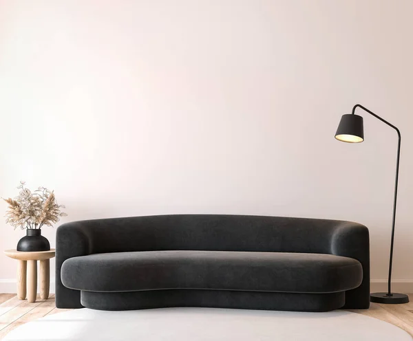 Moderna Maqueta Sala Estar Sofá Negro Minimalista Sobre Fondo Pared — Foto de Stock